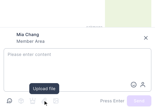 Message box while replying to a LINE message: the preview shows the member's name and "Member Area" with ✕ on the right; the sticker button is available, while Template, Module, Upload file and Upload image are gray, with the pointer on Upload file