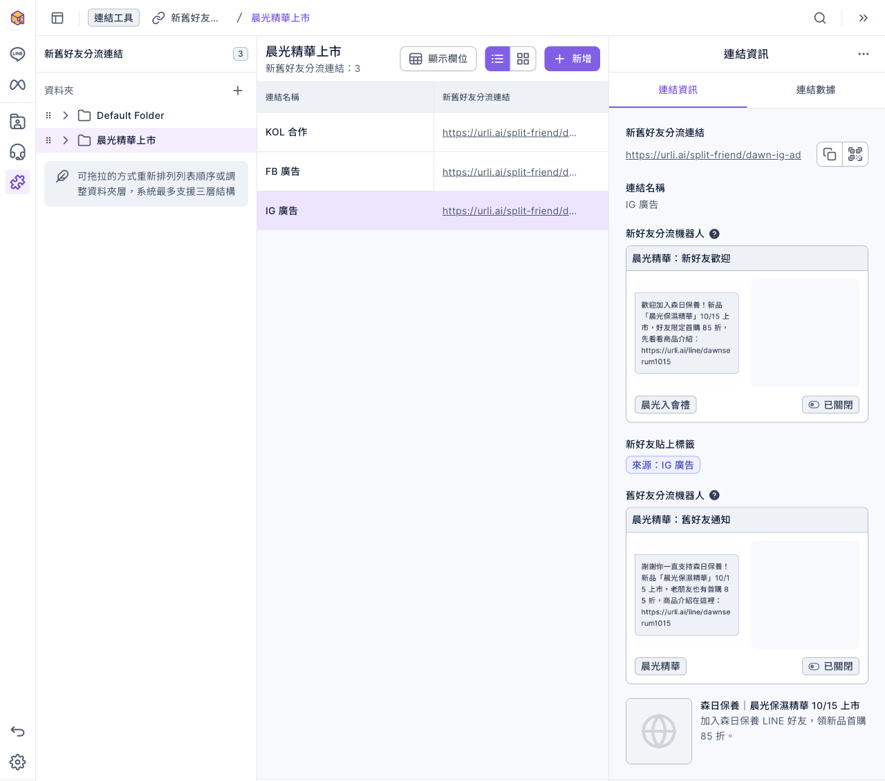 新舊好友分流連結頁：「晨光精華上市」資料夾有 KOL 合作、FB 廣告、IG 廣告三條連結，右側是 IG 廣告的連結資訊，列出兩個分流機器人的訊息預覽與狀態「已關閉」，以及新好友貼上標籤「來源：IG 廣告」
