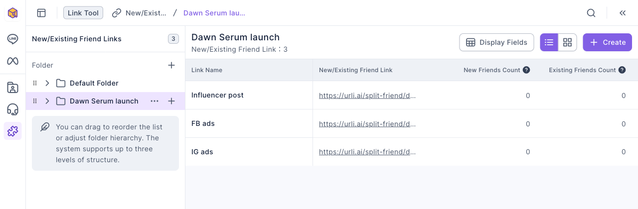 New/Existing Friend Link list: Influencer post, FB ads and IG ads in the Dawn Serum launch folder, each with its link URL, New Friends Count and Existing Friends Count, all 0 for now