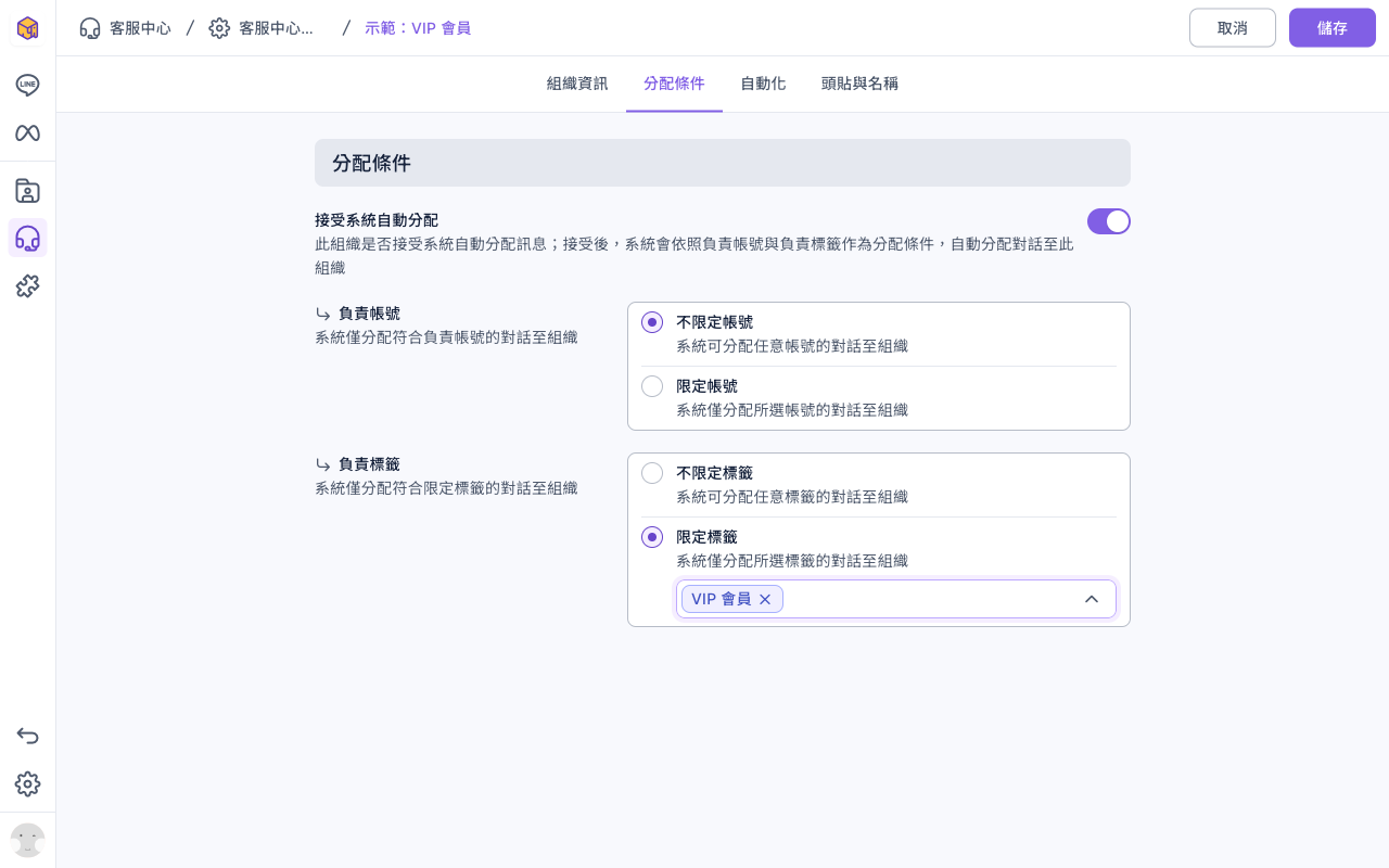 示範：VIP 會員的分配條件分頁：接受系統自動分配開啟，負責帳號選不限定帳號，負責標籤選限定標籤並選了 VIP 會員
