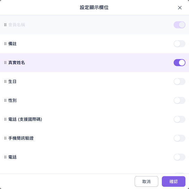 設定顯示欄位視窗:會員名稱(無法關閉)、備註、真實姓名(已開啟)、生日、性別、電話 (支援國際碼)、手機簡訊驗證、電話等欄位與開關,右下角有取消與確認