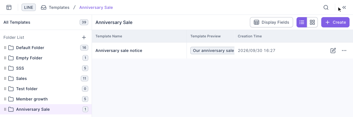 The Template Management page: All Templates and the folder list on the left with the "Anniversary Sale" folder selected; on the right, one template "Anniversary sale notice" whose preview shows its text, with edit and "⋯" buttons at the end of the row