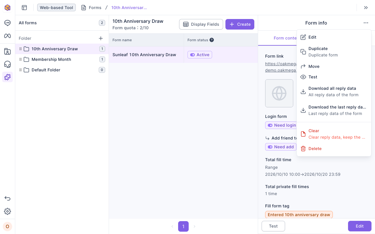 Menu at the top right of Form info: Edit, Copy, Move, Test, Download all reply data, Download the last reply data, Clear and Delete; behind it the form's submission period, individual submissions and completion tag