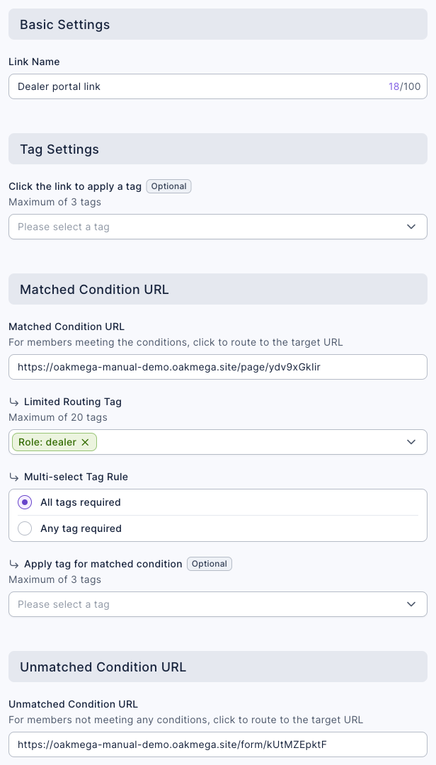 Editing the Tag Routing Link: Link Name "Dealer portal link"; the Matched Condition URL is the dealer portal's approved page URL, with Limited Routing Tag "Role: dealer" and the Multi-select Tag Rule set to All tags required; the Unmatched Condition URL is the dealer registration form URL