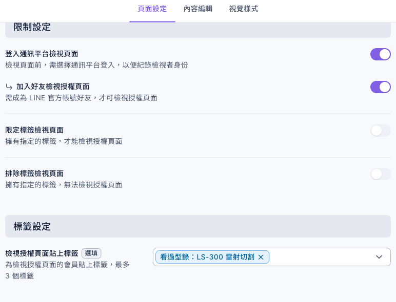 授權頁面的頁面設定：限制設定裡「登入通訊平台檢視頁面」與「加入好友檢視授權頁面」已開啟，「限定標籤檢視頁面」與「排除標籤檢視頁面」關閉；標籤設定的「檢視授權頁面貼上標籤」選了「看過型錄：LS-300 雷射切割」