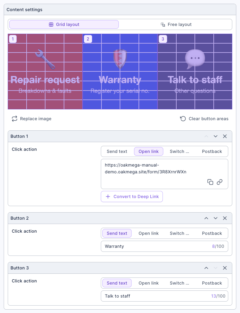 Content settings of the Richmenu: Grid layout, with the image divided into three button areas, "Repair request", "Warranty" and "Talk to staff"; Button 1's click action is Open link with the repair form URL, Button 2 is Send text "Warranty", and Button 3 is Send text "Talk to staff"