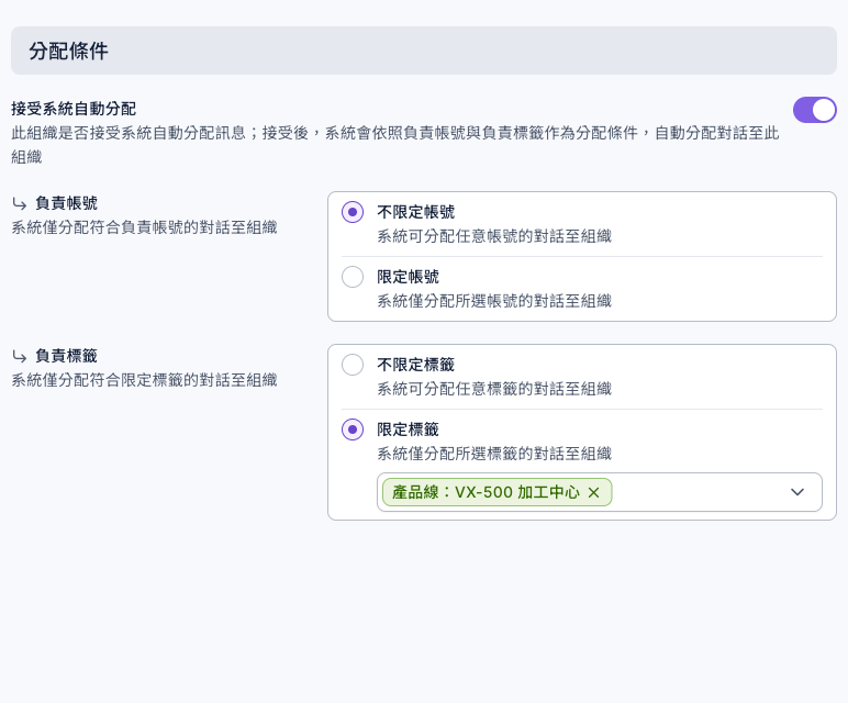 VX-500 維修組的分配條件分頁:接受系統自動分配已開啟,負責帳號選不限定帳號,負責標籤選限定標籤並選了「產品線:VX-500 加工中心」