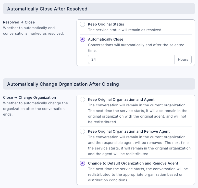 The Automation tab of the VX-500 service team: under Automatically Close After Resolved, Resolved → Close is set to Automatically Close with 24 hours; under Automatically Change Organization After Closing, Close → Change Organization is set to Change to Default Organization and Remove Agent