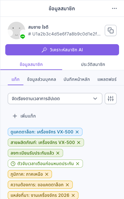 แท็บแท็กในข้อมูลสมาชิก: ลูกค้าสมชาย ใจดี มีแท็ก ดูแคตตาล็อก: เครื่องจักร VX-500, สายผลิตภัณฑ์: เครื่องจักร VX-500, ลงทะเบียนรับประกันแล้ว, แท็กแบบกำหนดเวลา ตัวจับเวลาเตือนก่อนหมดประกัน, ภูมิภาค: ภาคเหนือ, ความต้องการ: ขอแคตตาล็อก, แหล่งที่มา: งานเครื่องจักร 2026