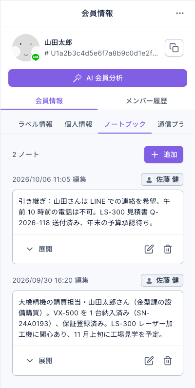 会員情報のノートブックタブ：「2 ノート」、編集者はどちらも佐藤 健。一番上の 2026/10/06 のノートは「引き継ぎ：山田さんは LINE での連絡を希望、午前 10 時前の電話は不可。LS-300 見積書 Q-2026-118 送付済み、年末の予算承認待ち。」、その下の 2026/09/30 のノートは「大橡精機の購買担当・山田太郎さん（金型課の設備購買）。VX-500 を 1 台納入済み（SN-24A0193）、保証登録済み。LS-300 レーザー加工機に関心あり、11 月上旬に工場見学を予定。」