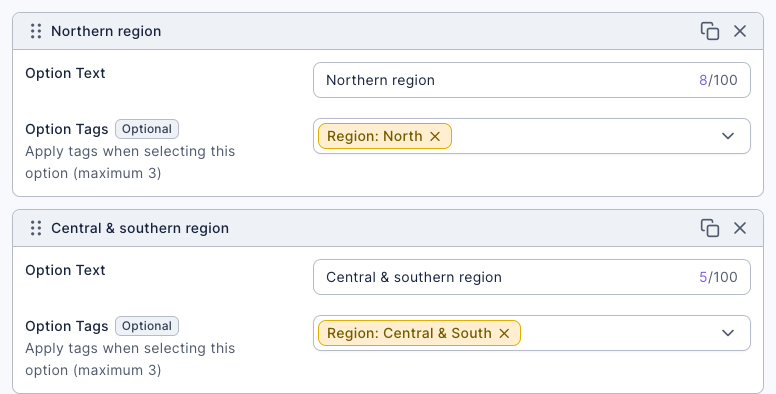 Option settings of a choice question: the option Northern region has the Option Tags Region: North, and the option Central & southern region has the Option Tags Region: Central & South