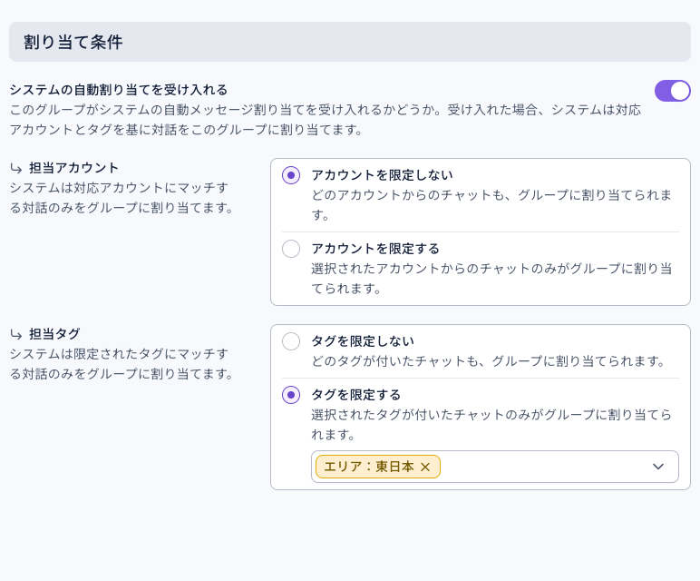 東日本営業チームの割り当て条件タブ：「システムの自動割り当てを受け入れる」がオン、担当アカウントは「アカウントを限定しない」、担当タグは「タグを限定する」を選び「エリア：東日本」が選ばれている