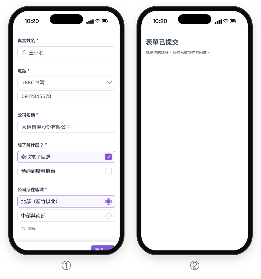 ① 手機上的展會表單：真實姓名王小明、電話 0912345678、公司名稱大橡精機股份有限公司，想了解什麼勾選索取電子型錄，公司所在區域選北部（新竹以北），右下角是完成按鈕；② 完成頁：表單已提交，感謝你的填答，我們已收到你的回覆