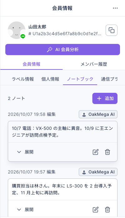 メンバー山田太郎の会員情報のノートブックタブ：上部に「2 ノート」と追加ボタン。1 件目は「10/7 電話：VX-500 の主軸に異音。10/9 に王エンジニアが訪問点検予定。」、2 件目は「購買担当は林さん。年末に LS-300 を 2 台導入予定、11 月上旬に再訪問。」。各ノートの上に編集日時と編集者 OakMega AI、下に展開・編集・削除ボタン