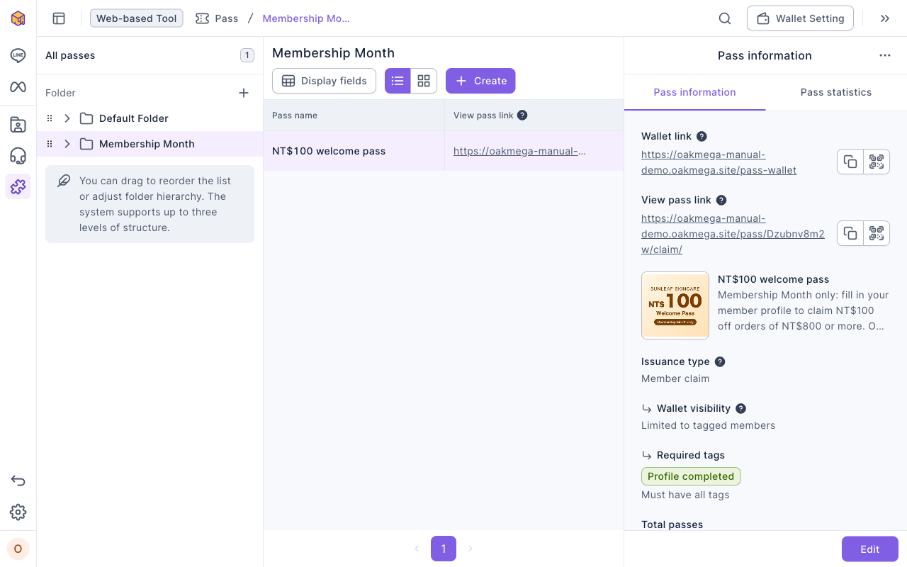 Pass page: the "Membership Month" folder has "NT$100 welcome pass"; the Pass information panel shows the Wallet link, View pass link, image and description, Member claim, Limited to tagged members, and the required tag Profile completed