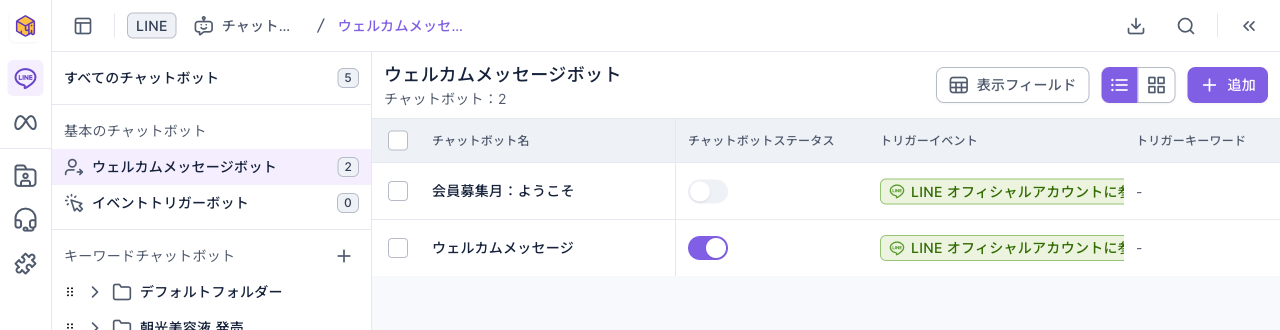 ウェルカムメッセージボット一覧:「会員募集月:ようこそ」はオフ、「ウェルカムメッセージ」はオン。どちらもトリガーイベントは LINE オフィシャルアカウントに参加