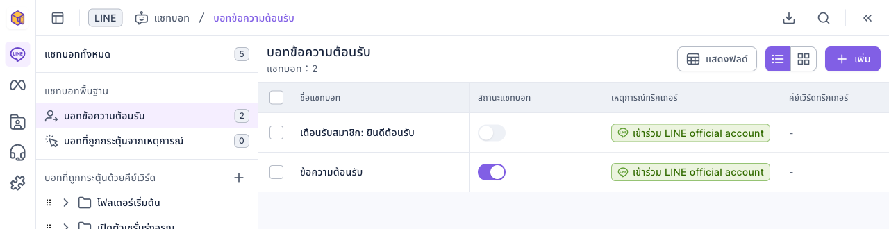 รายการบอทข้อความต้อนรับ: 2 บอท "เดือนรับสมาชิก: ยินดีต้อนรับ" ปิดอยู่ และ "ข้อความต้อนรับ" เปิดอยู่ ทั้งคู่ทริกเกอร์เมื่อเข้าร่วม LINE official account