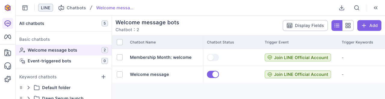 Welcome message bot list: two bots, "Membership Month: welcome" switched off and "Welcome message" switched on, both triggered by Join LINE Official Account