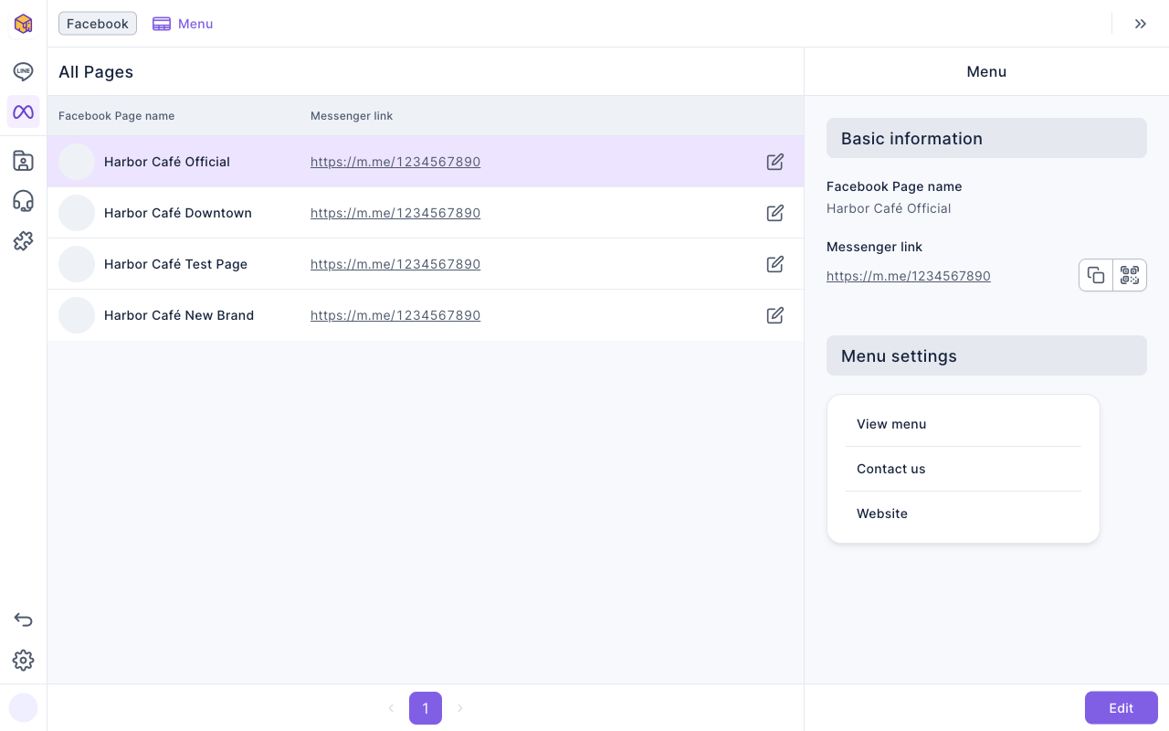 Messenger menu page: All Pages on the left lists four Pages and their Messenger links; with the first Page selected, Menu settings on the right shows three buttons (View menu, Contact us, Website), with Edit at the bottom right