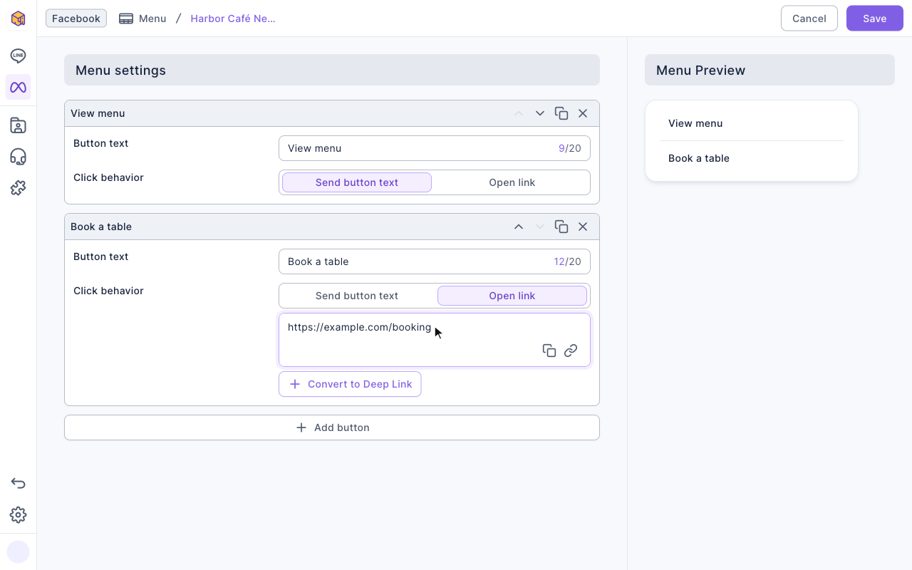 Menu editor: View menu uses Send button text; Book a table uses Open link with the URL https://example.com/booking and Convert to Deep Link below it; Menu Preview on the right lists View menu, then Book a table