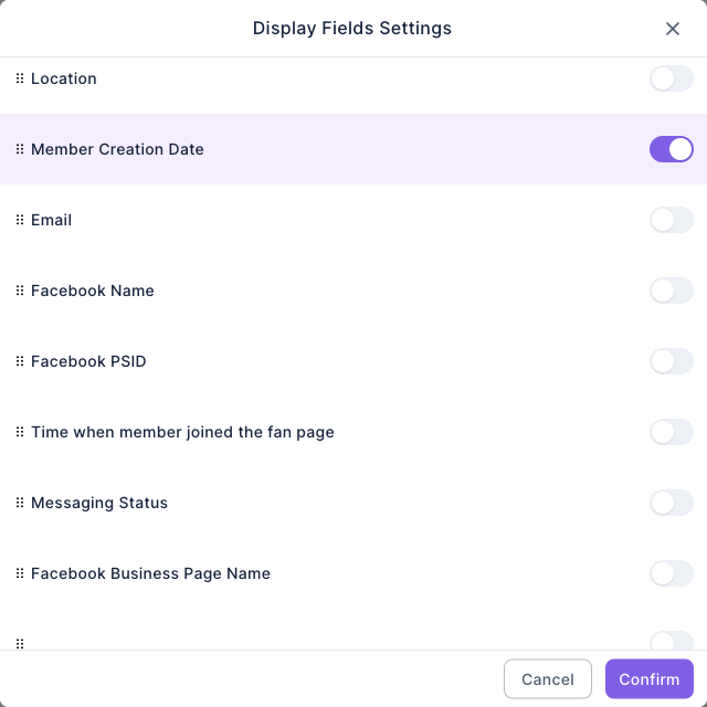 Display Fields Settings window: switches for Location, Member Creation Date (on), Email, Facebook Name, Facebook PSID, Time when member joined the fan page, Messaging Status and Facebook Business Page Name, with Cancel and Confirm at the bottom right
