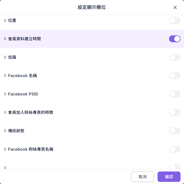 設定顯示欄位視窗:位置、會員資料建立時間(已開啟)、信箱,以及 Facebook 名稱、Facebook PSID、會員加入粉絲專頁的時間、傳訊狀態、Facebook 粉絲專頁名稱的開關,右下角有取消與確認