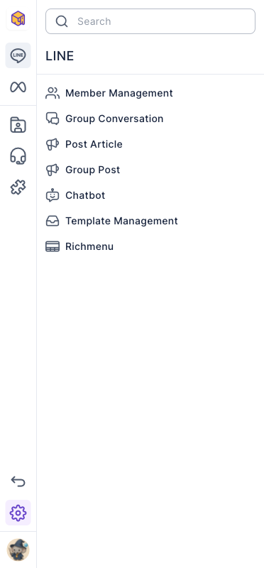 The navigation bar with the LINE menu open: the icon column on the left, and a menu listing Member Management, Group Conversation, Post Article, Group Post, Chatbot, Template Management and Richmenu, with a Search box at the top