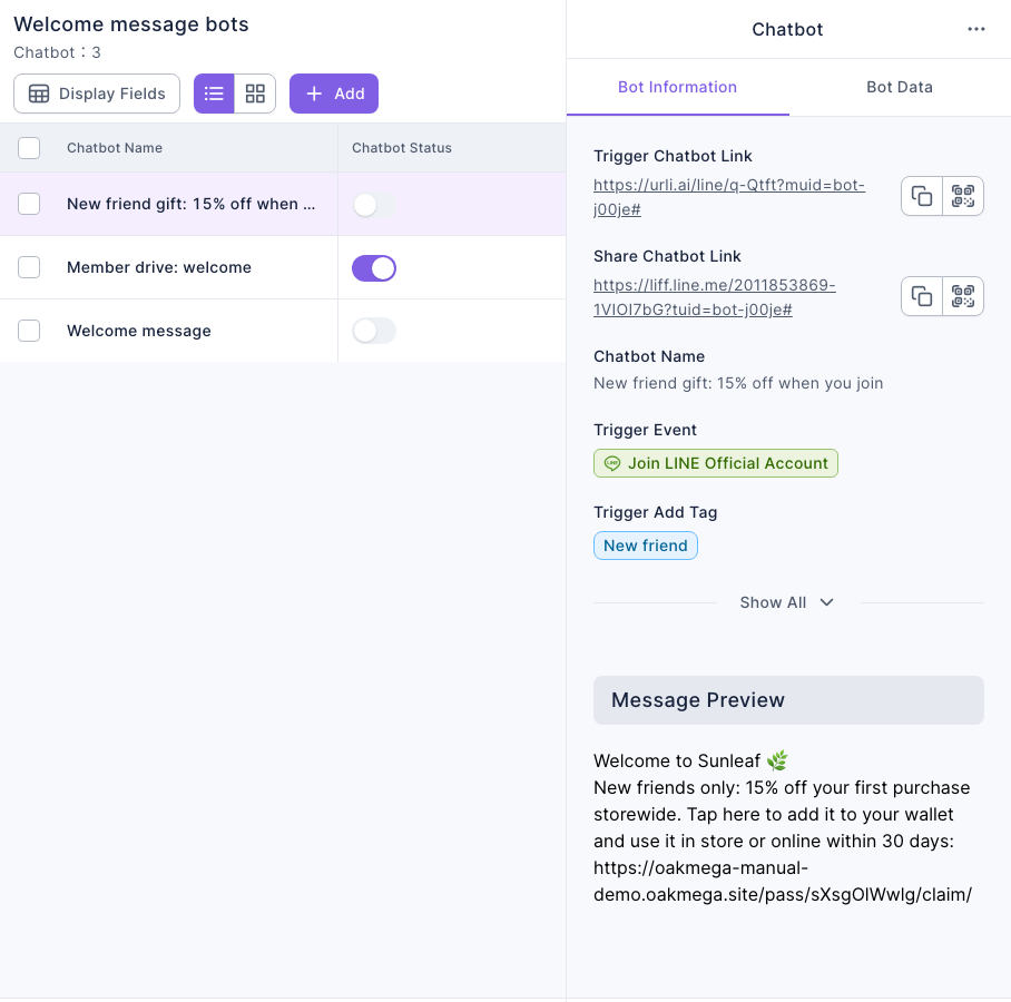 The welcome message bot list has three bots: New friend gift: 15% off when you join (off), Member drive: welcome (on) and Welcome message (off). Bot information on the right shows Trigger Event "Join LINE Official Account" and Trigger Add Tag "New friend", and the Message Preview shows the welcome text with the claim link