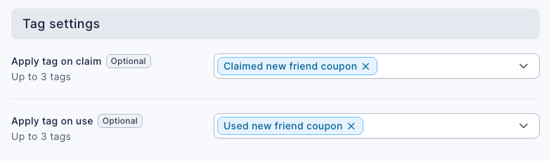 Tag settings in the pass's usage settings: Apply tag on claim is "Claimed new friend coupon" and Apply tag on use is "Used new friend coupon"