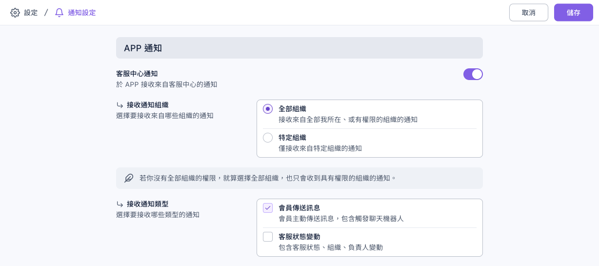 通知設定頁:客服中心通知開關已打開,接收通知組織選了全部組織,接收通知類型勾選了會員傳送訊息,右上角有取消與儲存