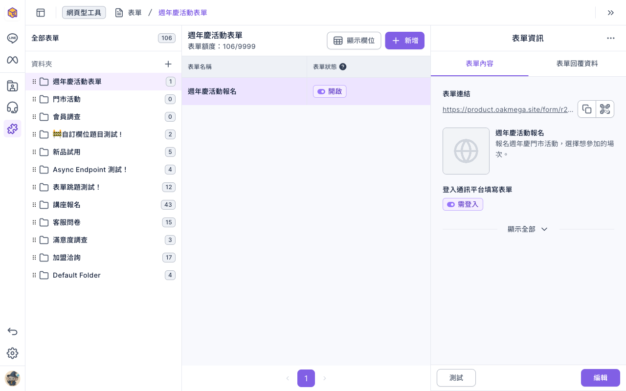 表單列表:左側資料夾列表選在「週年慶活動表單」,中間清單有一份表單「週年慶活動報名」,表單狀態為開啟;右側表單資訊顯示表單連結、名稱與說明,登入通訊平台填寫表單為「需登入」