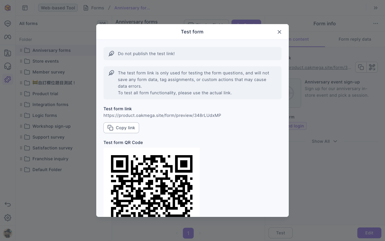 The Test form window: a warning not to publish the test link; a note that the test link ignores form restrictions and doesn't save any data; below are the test form link, a Copy link button and the test form QR code