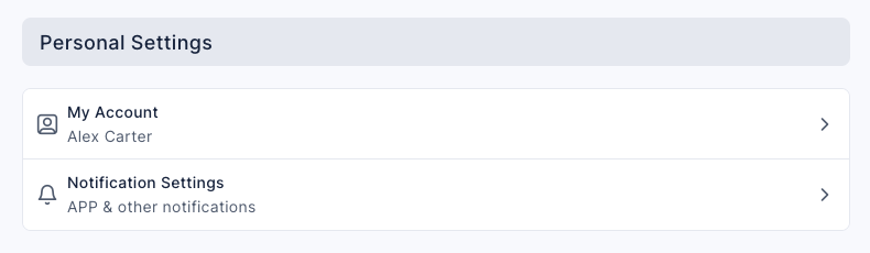 The Personal Settings section of the Settings page: a My Account row showing the current name Alex Carter, and a Notification Settings row