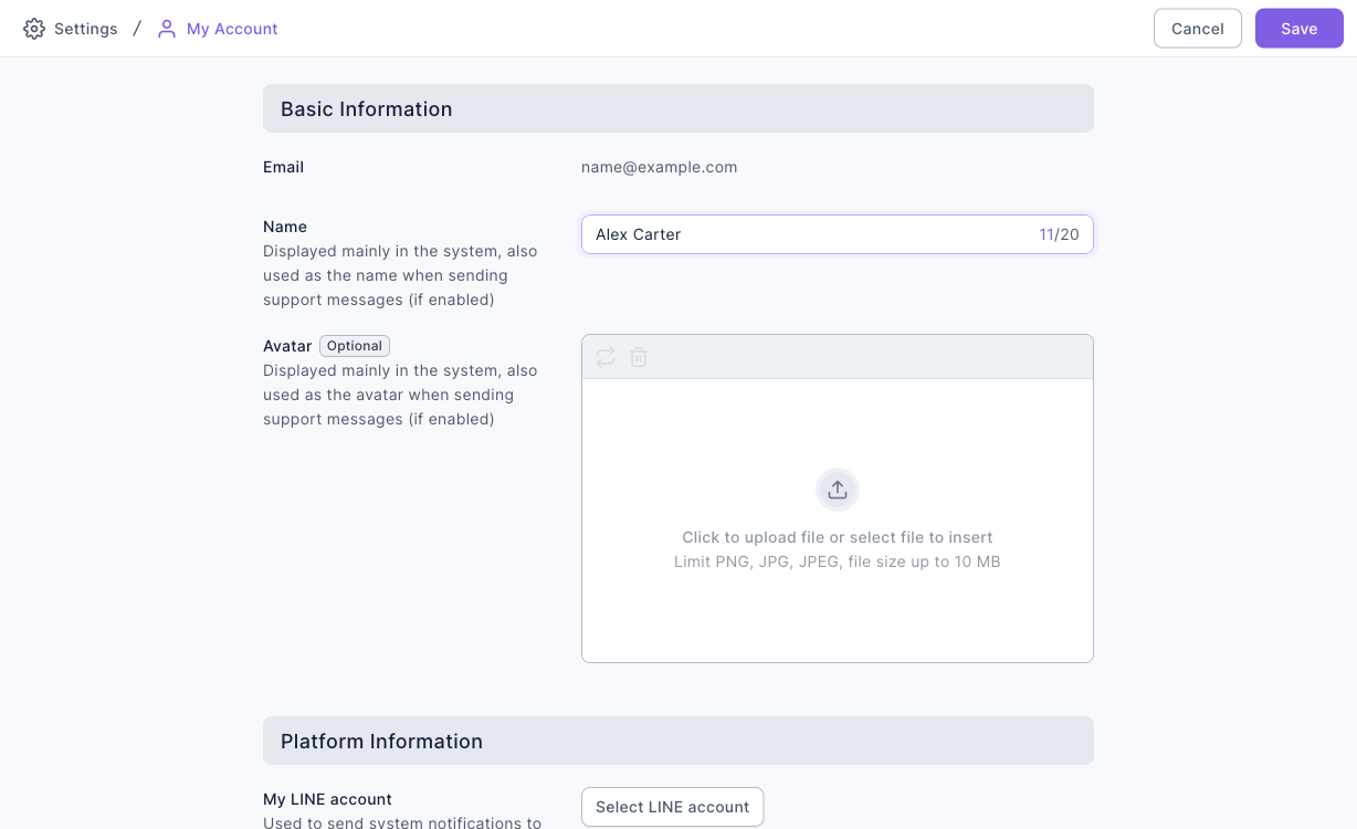 The My Account page: Basic Information with Email, Name and the avatar upload area; Platform Information with My LINE account and a Select LINE account button; Cancel and Save in the top-right corner