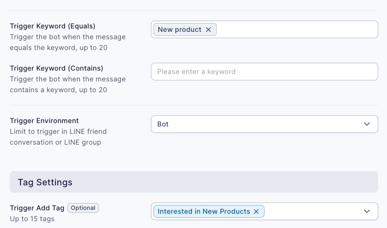 Chatbot settings: Trigger Keyword (Equals) New product, Trigger Keyword (Contains) empty, Trigger Environment Bot, Trigger Add Tag Interested in New Products, Trigger Remove Tag empty