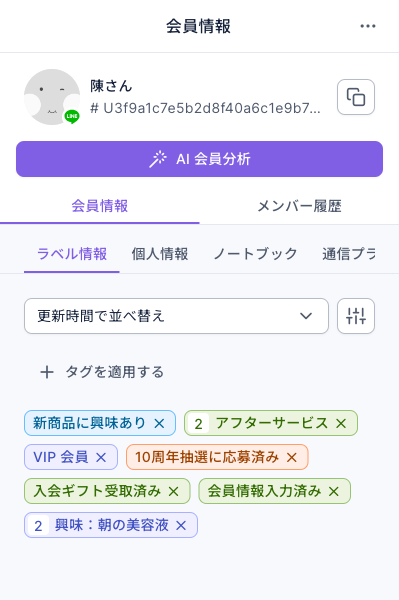 LINE メンバー管理の右側の会員情報:ラベル情報タブの最初のタグが新商品に興味あり。その後ろは、このテスト用の友だちがほかのデモで付けられたタグ