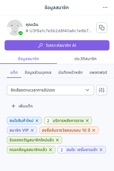 ข้อมูลสมาชิกด้านขวาของการจัดการสมาชิก LINE: แท็กแรกในแท็บแท็กคือ "สนใจสินค้าใหม่" ถัดไปเป็นแท็กที่เพื่อนทดสอบคนนี้ถูกติดไว้จากตัวอย่างอื่นก่อนหน้า