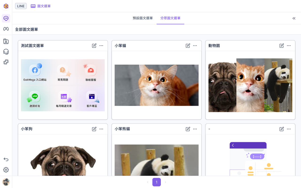 分眾圖文選單分頁：全部圖文選單裡有六張卡片，其中五張已設定圖片，最後一張還沒設定，名稱顯示為「-」