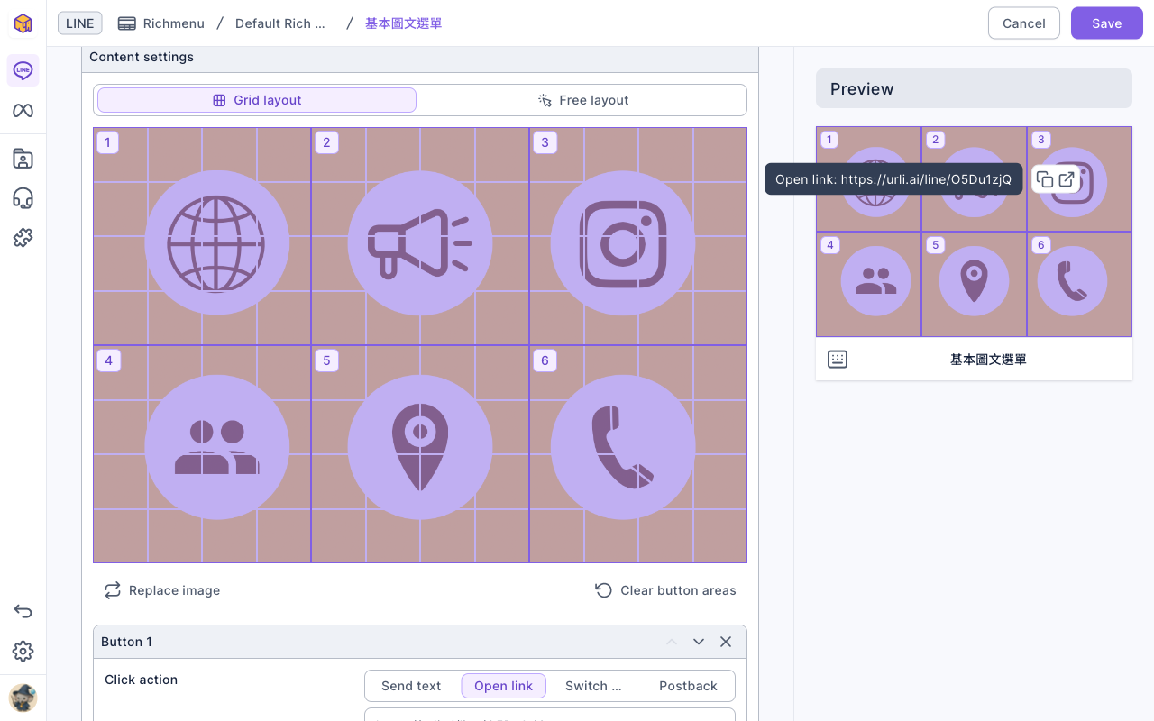 Content settings: Grid layout selected, the image divided into six button areas numbered 1 to 6, Replace image and Clear button areas below, then Button 1's click action