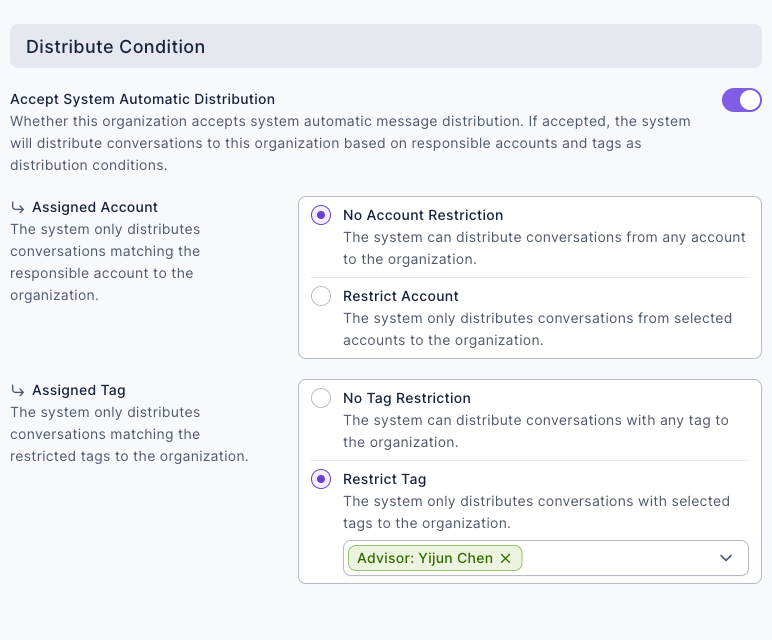 The Distribute Condition of "Counter advisor: Yijun Chen": Accept System Automatic Distribution is on, Assigned Account is set to No Account Restriction, and Assigned Tag is set to Restrict Tag with "Advisor: Yijun Chen" selected