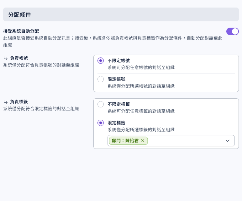 專櫃顧問：陳怡君的分配條件：接受系統自動分配已開啟，負責帳號選不限定帳號，負責標籤選限定標籤並選了顧問：陳怡君
