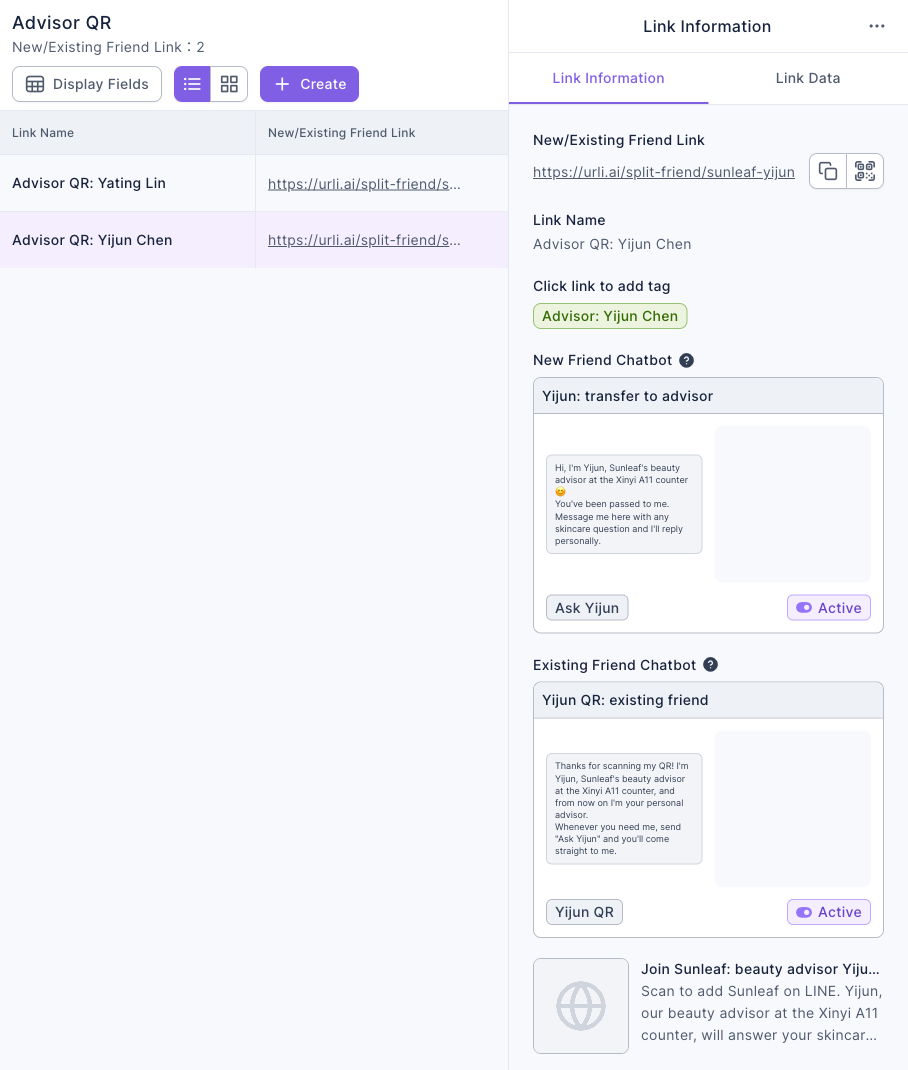 The Advisor QR folder: the list has two links, Advisor QR: Yating Lin and Advisor QR: Yijun Chen; Link Information on the right shows https://urli.ai/split-friend/sunleaf-yijun, Click link to add tag is Advisor: Yijun Chen, the New Friend Chatbot is Yijun: transfer to advisor (keyword Ask Yijun, Active), the Existing Friend Chatbot is Yijun QR: existing friend (keyword Yijun QR, Active), and below is a preview of the link title and description