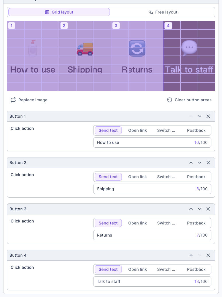 Richmenu Content settings: Grid layout, with the image divided into four buttons, How to use, Shipping, Returns and Talk to staff; the click action for Buttons 1 to 4 is Send text, with How to use, Shipping, Returns and Talk to staff entered