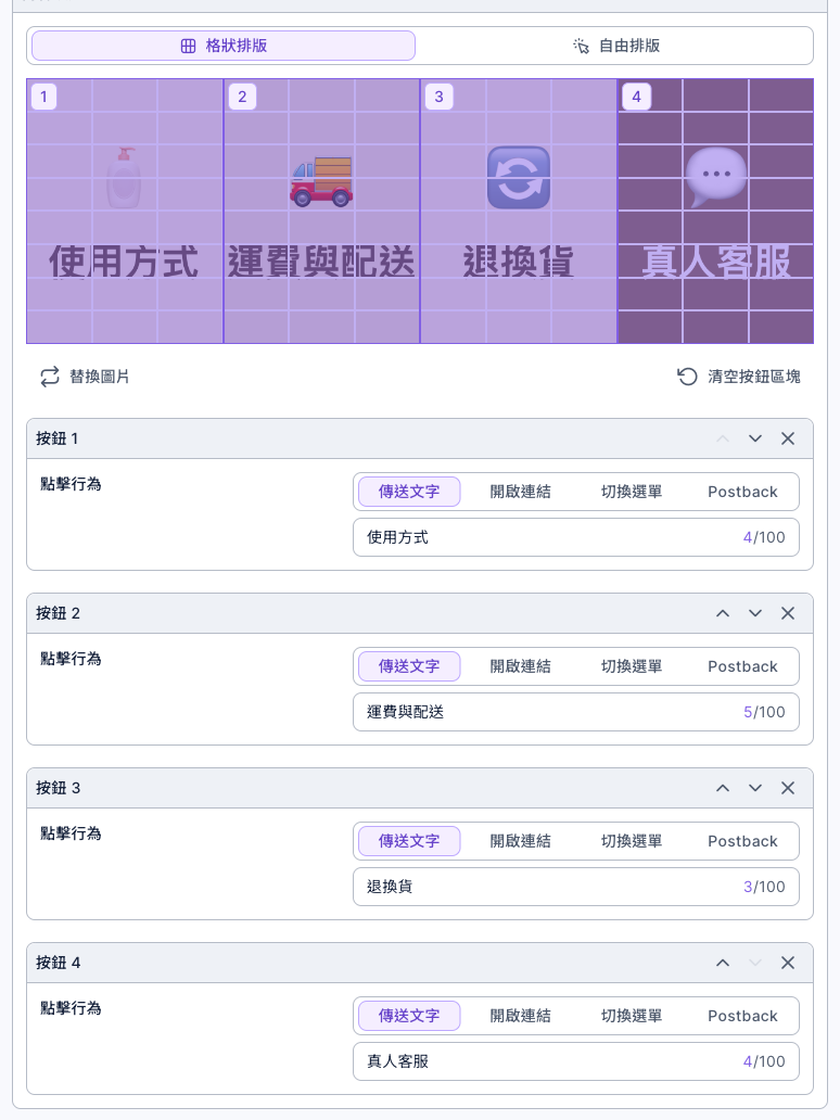 圖文選單的內容設定:格狀排版,圖片分成使用方式、運費與配送、退換貨、真人客服四個按鈕;按鈕 1 到 4 的點擊行為都是傳送文字,分別填使用方式、運費與配送、退換貨、真人客服