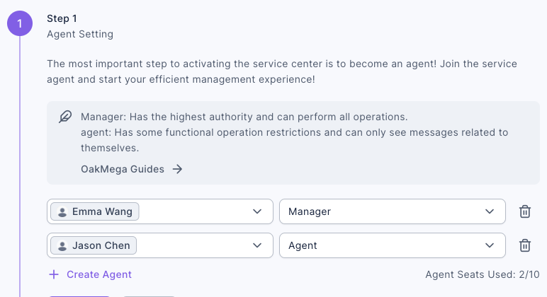 Step 1 "Agent Setting" of the setup wizard: the note explains the Manager and agent roles; the first row is Emma Wang with the role Manager, the second is Jason Chen with the role Agent, and below are the Create Agent button and "Agent Seats Used: 2/10"