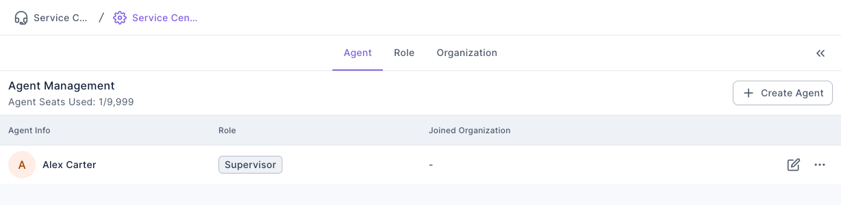 The Agent tab: Agent Management shows Agent Seats Used 1/9,999, and the list has one agent, Alex Carter, with the role Supervisor and Joined Organization "-"; the Create Agent button is in the top-right corner