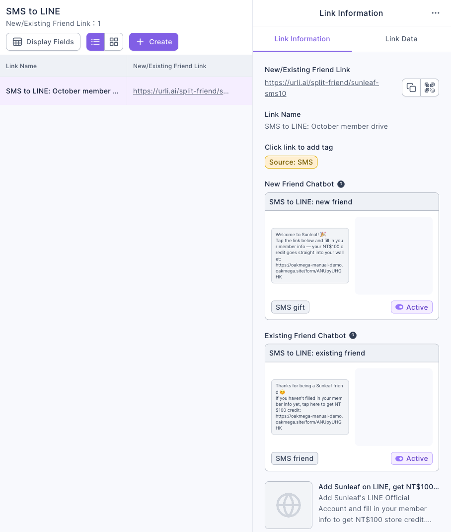 The New/Existing Friend Link in the SMS to LINE folder: the list has SMS to LINE: October member drive; Link Information on the right shows https://urli.ai/split-friend/sunleaf-sms10, Click link to add tag is Source: SMS, the New Friend Chatbot is SMS to LINE: new friend (keyword SMS gift, Active), the Existing Friend Chatbot is SMS to LINE: existing friend (keyword SMS friend, Active), and below are the link title and description
