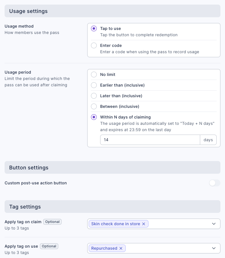 Usage settings of the repurchase pass: Usage method set to Tap to use; Usage period set to Within N days of claiming with 14 days; under Button settings, Custom post-use action button is off; under Tag settings, Apply tag on claim is "Skin check done in store" and Apply tag on use is "Repurchased"