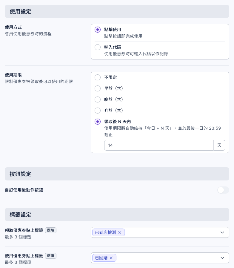 回購券的使用設定：使用方式選點擊使用；使用期限選領取後 N 天內 14 天；按鈕設定的自訂使用後動作按鈕關閉；標籤設定的領取優惠券貼上標籤是已到店檢測，使用優惠券貼上標籤是已回購