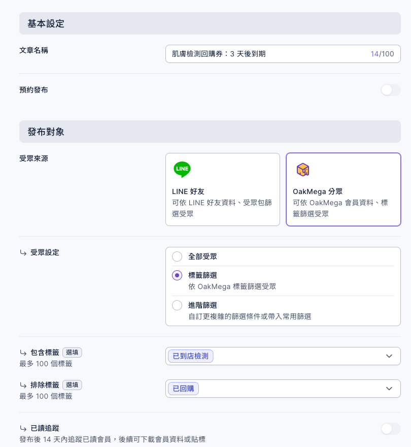 新增發布文章：文章名稱肌膚檢測回購券：3 天後到期；受眾來源選 OakMega 分眾；受眾設定選標籤篩選；包含標籤是已到店檢測，排除標籤是已回購